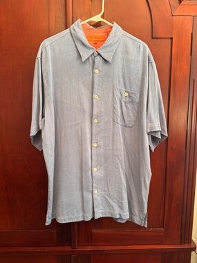 Short Sleeve 100% Silk Sette Ponti Mens Shirt Size XL Front Pocket Blue